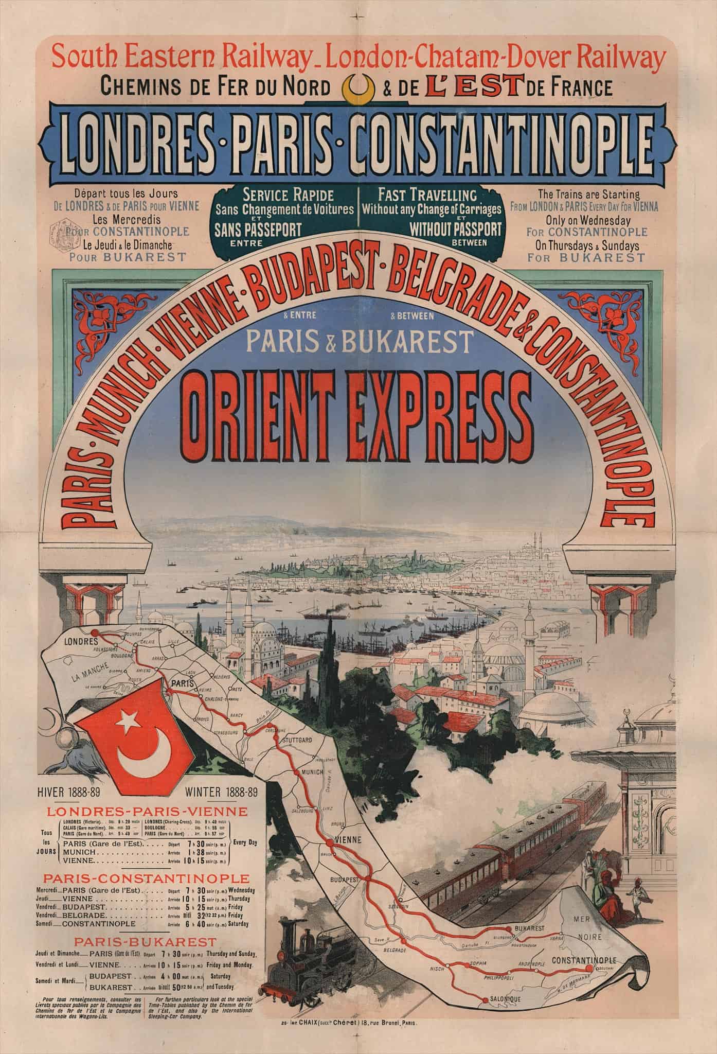 DIE GLORREICHE ÄRA DER EISENBAHNEN: Das Plakat für den "Orient Express" Paris - Konstantinopel