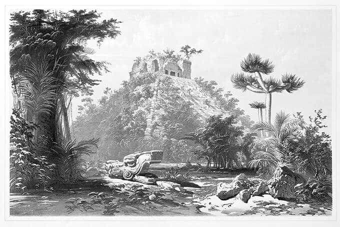 Mit tropischer Vegetation bewachsen: Die Pyramide El Castillo auf einer Illustration aus der Mitte des 19. Jahrhunderts