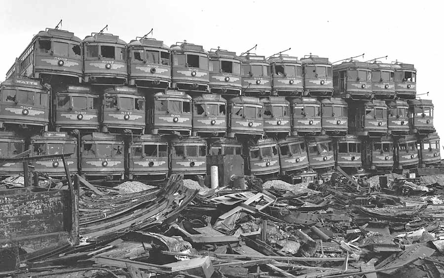 SCANDAL THAT CHANGED THE FACE OF AMERICA: Trams in scrap yard in San Francisco, 1957