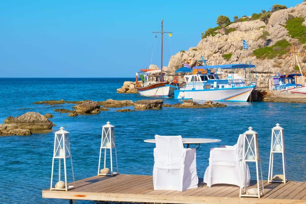 Table and chairs in cafe at Kolymbia. Rhodes, Greece